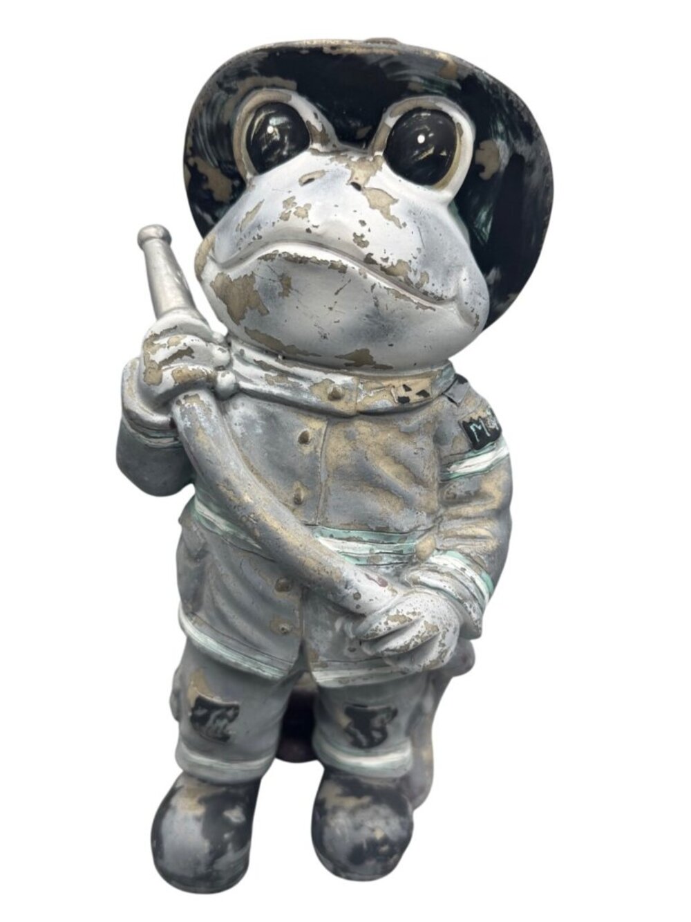 Firefighter Frog Figurine With Hose Statue Rustic Garden Decor 12" Tall READ